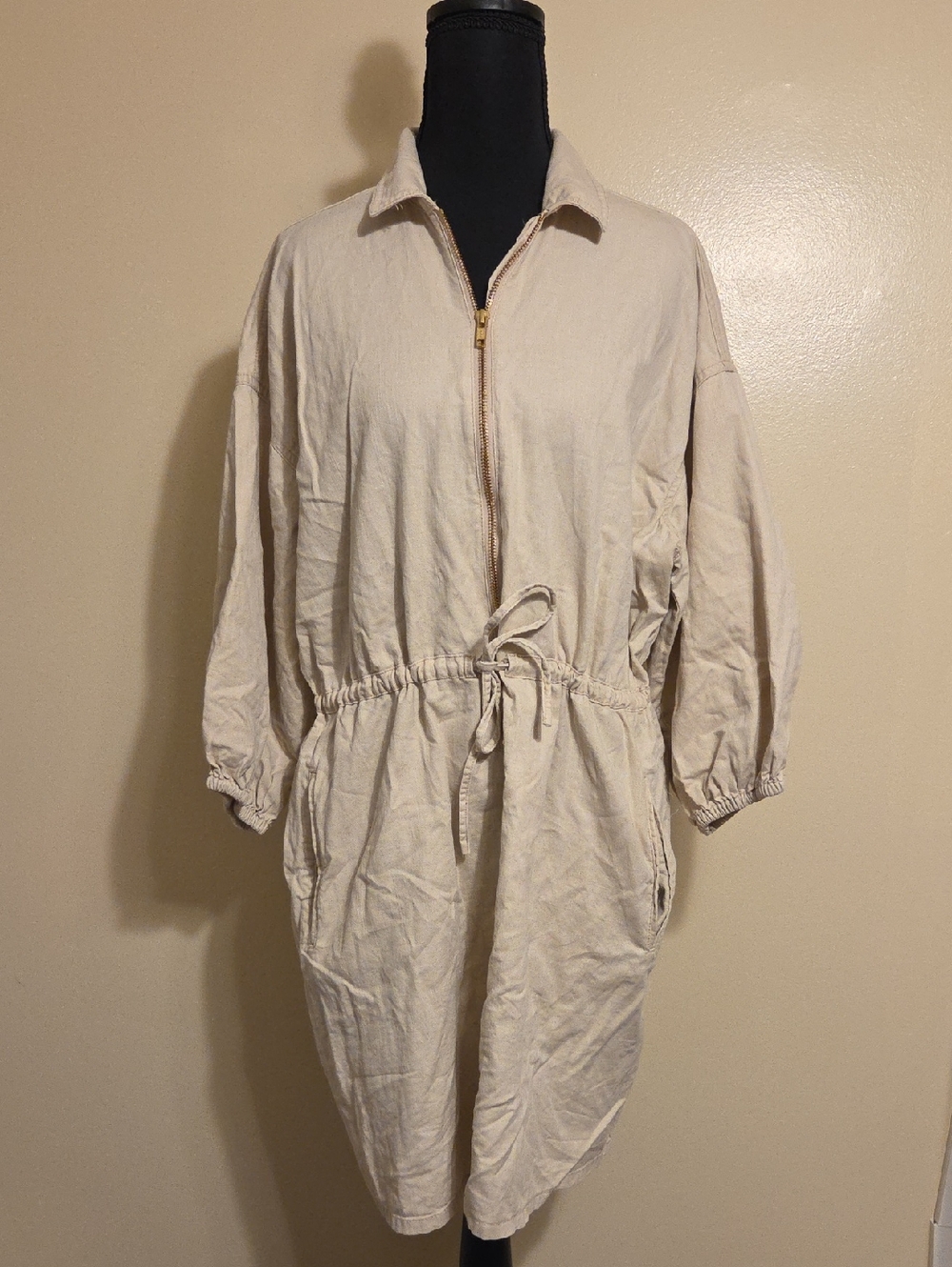 J. CREW Utility Cinched Zip Up Dress Drapey Cotton Khaki Cream Tan Beige Small - Picture 3 of 12